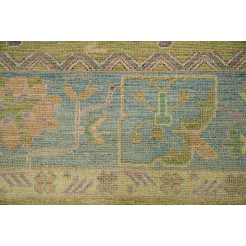 Vegetable Dye Green Oushak Turkish Area Rug, Floral Geometric Carpet - 12' 1'' X 9' 0''