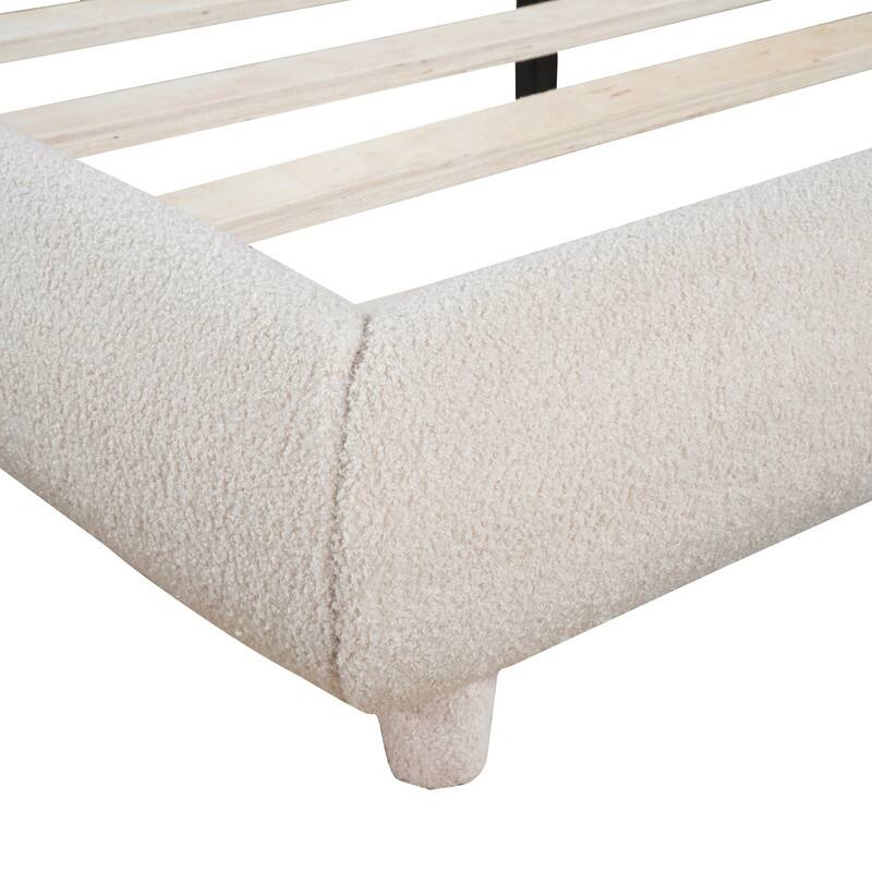 Full/Queen Size Teddy Fleece Upholstered Bed with Thick Fabric, Platform Bed Frame with Headboard & Stylish Curve-shaped Design