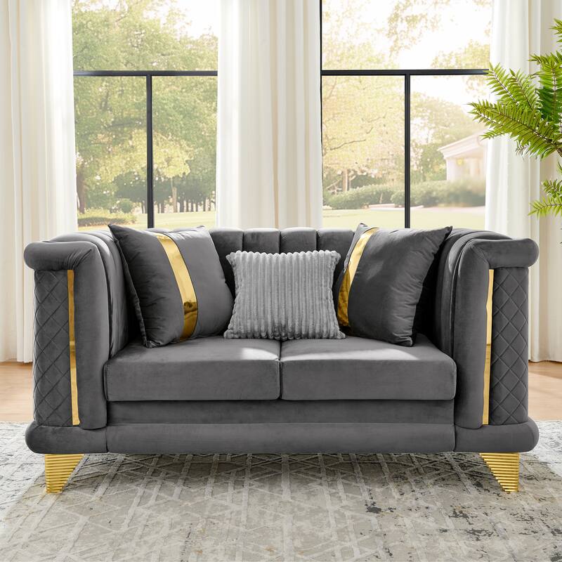 69 Inches Gray Velvet Loveseat with Gold Stainless Steel Trims and Embroidered Texture