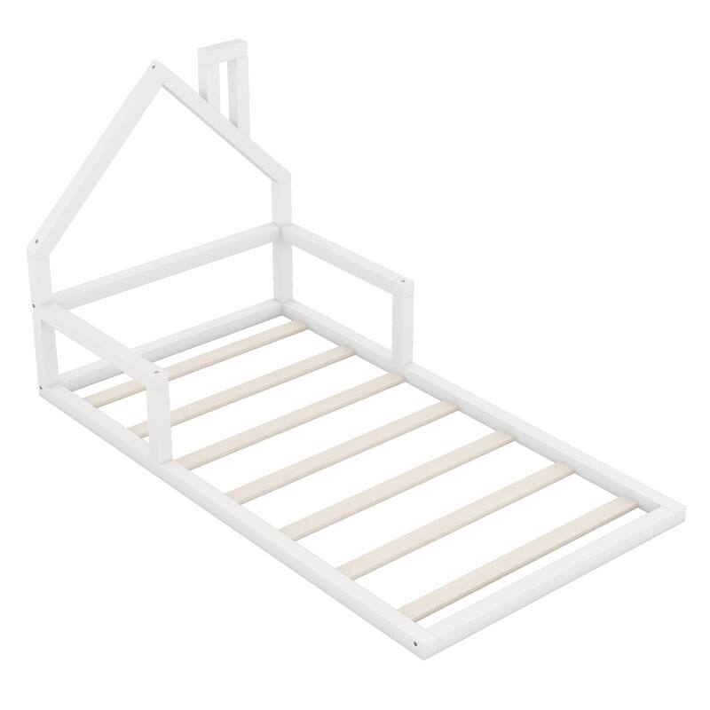 Full Size House Headboard Floor Bed, No Box Spring Needed, Durable Wood Frame