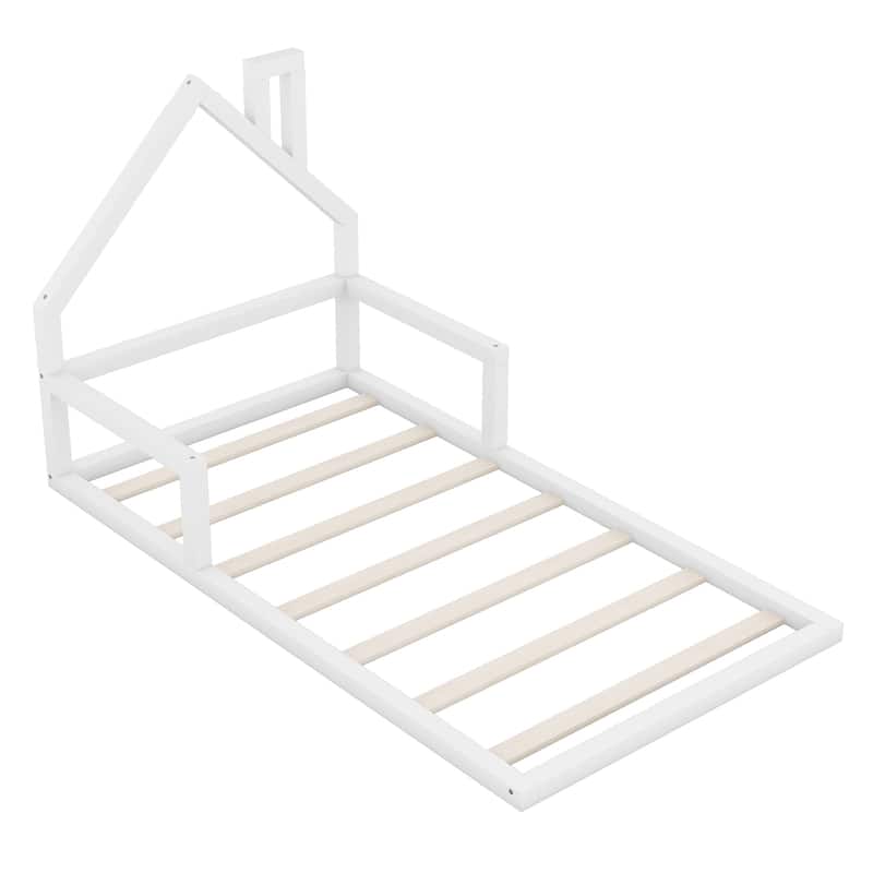 Full Size Wooden Floor Bed with House-Shaped Headboard, Sturdy Pine Frame