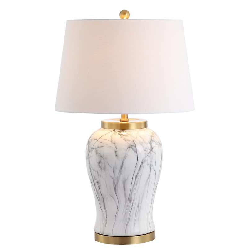 Tucker 28" Ceramic Marble LED Table Lamp, White/Gold by JONATHAN Y