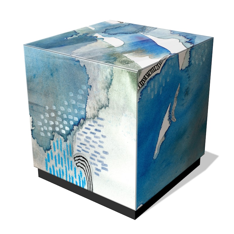 "Subtle Blues I" by Regina Moore Reverse Printed Beveled Art Glass Side Table with Black Plinth Base - 22" x 22" x 22"