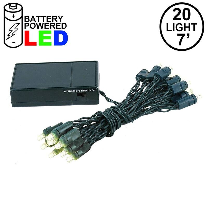 20 Light LED Battery Christmas Mini Light Set, Green Wire, 8' Long