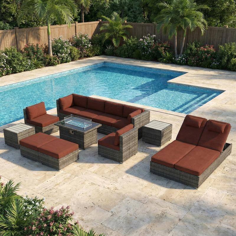 Outdoor Sectional Conversation Set PE Wicker with Double Chaise Lounge, 60,000 BTU Fire Pit Table - 12-Piece/Table-A - Red