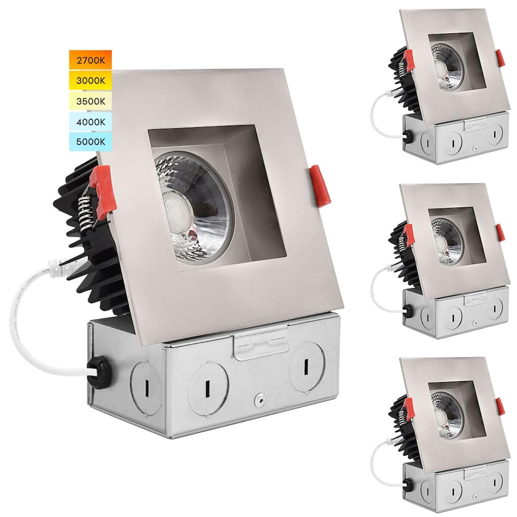 Luxrite 4 Inch Square LED Recessed Light, 15W, 5 Color Option, 1100 Lumens, Dimmable, Wet Rated, Brushed Nickel (4 Pack)