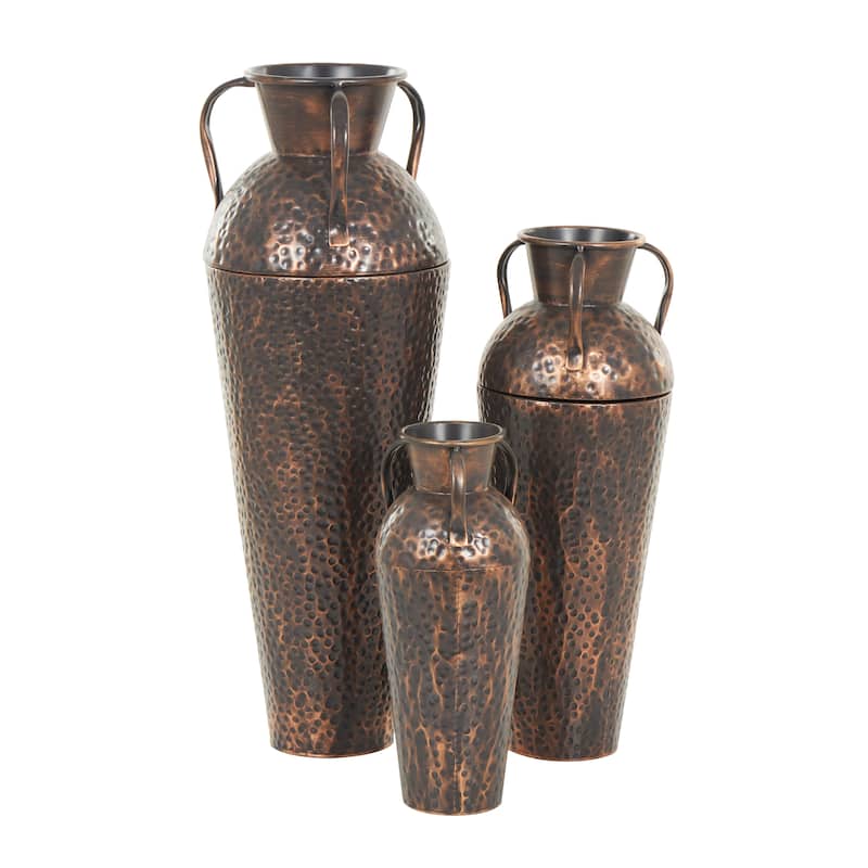 Metal Tall Floor Weathered Amphora Vase with Hammered Details and Handles - Set of 3 Copper - Roche River Decor