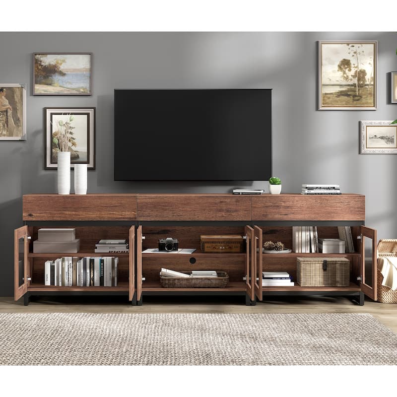 WAMPAT Modern TV Stand with Glass Doors for 110 inch TVs, Entertainment Center Console with 3 Drawers and Metal Base