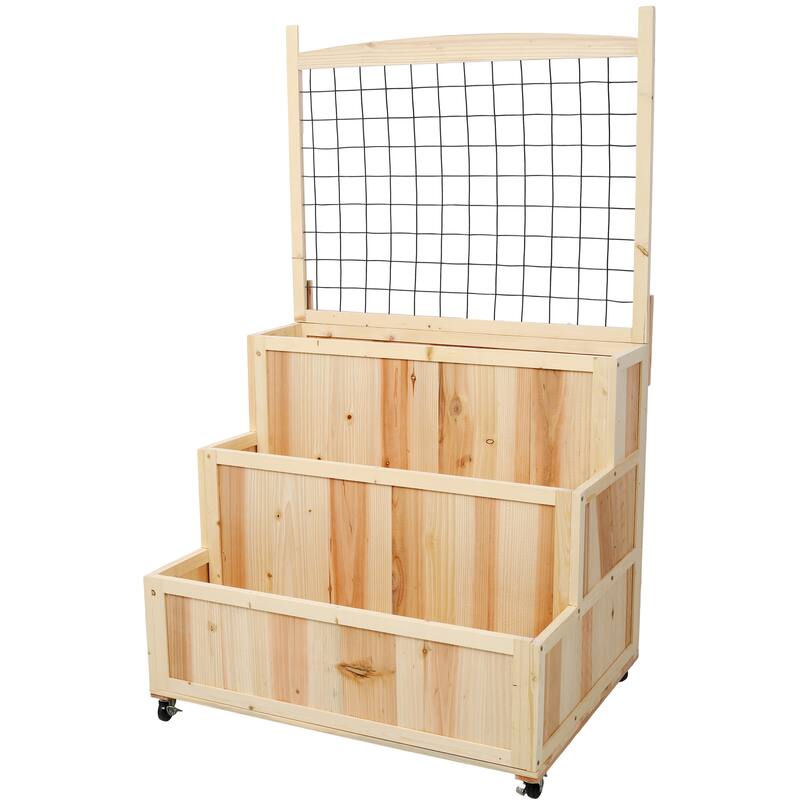 3-Tiers Raised Garden Bed with Trellis, 53" H Vertical Planter Box with Wheels & Back Storage Area