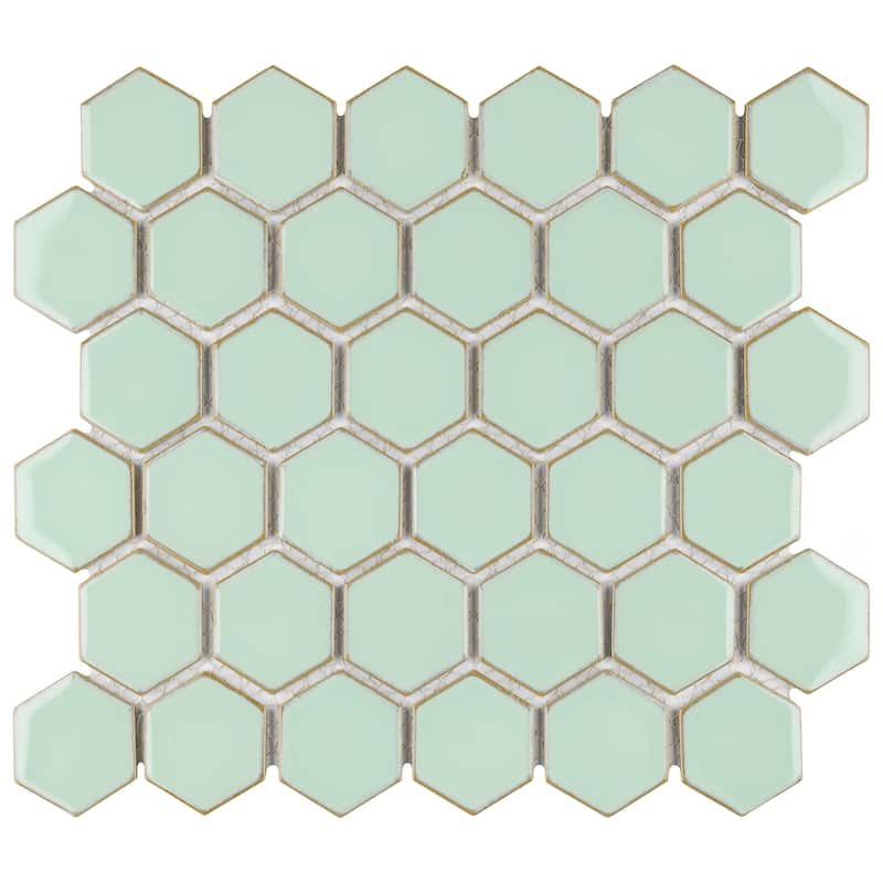 Merola Tile Hudson Due 2" Hex Light Green 10-7/8" x 12-5/8" Porcelain Mosaic Floor and Wall Tile - Case (10 Tiles)