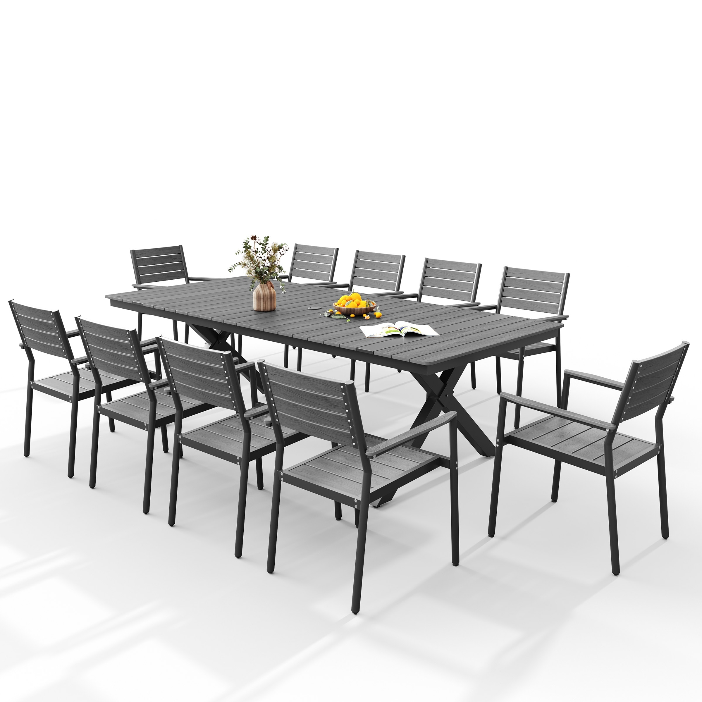 11/13-Piece Outdoor Dining Set Aluminum Rectangular Table with Umbrella Hole and Stackable Chairs