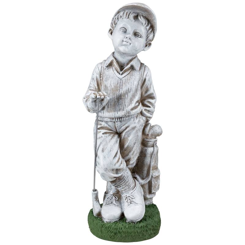 Golfer Boy with Clubs Outdoor Garden Statue - 17"