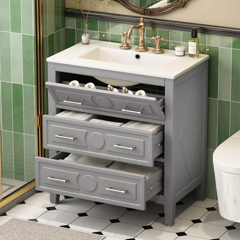 GDFStudio - Wimborne Retro Freestanding Bathroom Vanity with Ceramic Sink and 3 Storage Drawers - 30'W
