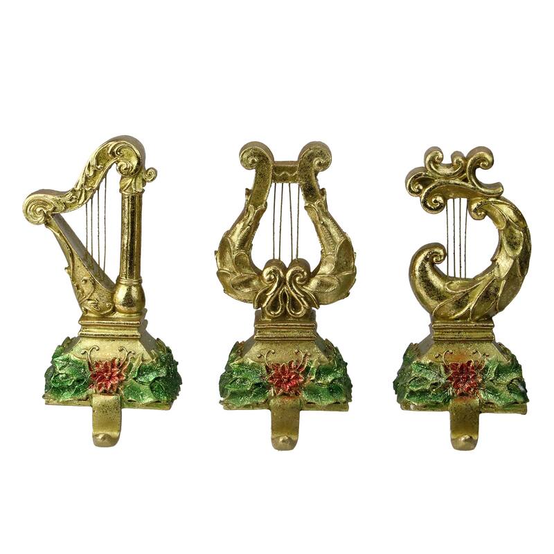 3 Gold Harp Musical Instruments Glitter Christmas Stocking Holders 8"