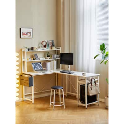 Home Office Desk L Shape with Storage Shelves and Stool