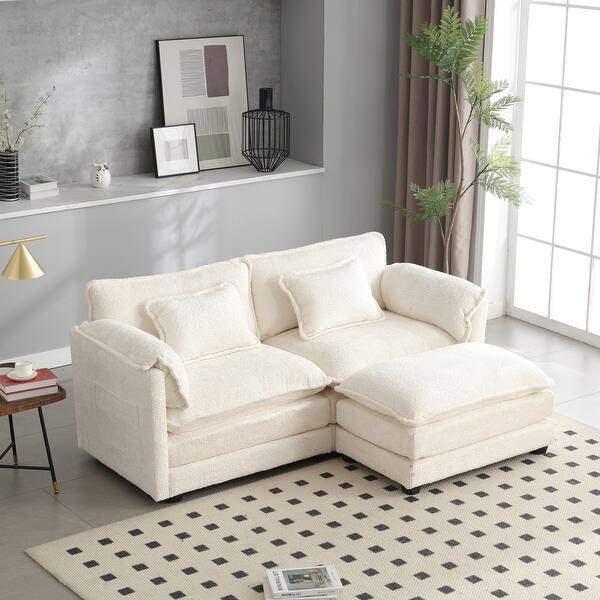Chenille Double Sofa with Footstool and Side Pockets Bed Bath