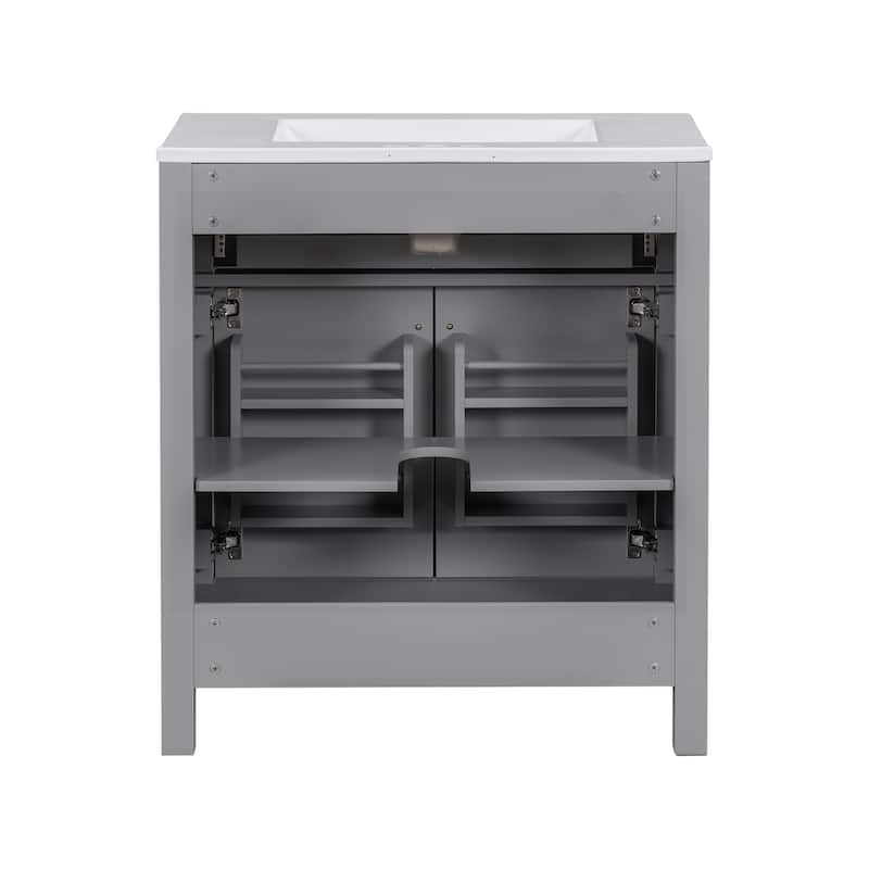 Modern Bathroom Vanity Freestanding Storage Cabinet with Flip-down Drawer, Double Door Organizer and Adjustable U-shaped Shelf