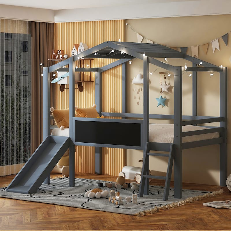 Twin Loft Bed with Slide, Ladder, Blackboard, and Roof Light Strip, Gray
