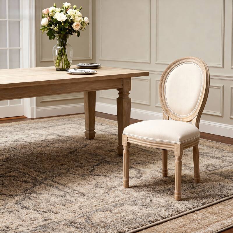 Anmytek French Style Oval Back Dining Chairs Set of 2 Solid Wood Frame Linen Upholstered Beige