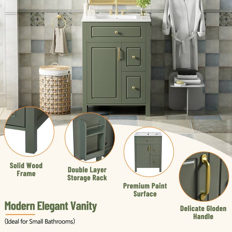 Compact 24" Freestanding Bathroom Cabinet with Ceramic Basin, Soft-Close Hinges, Storage Drawers & Door Racks