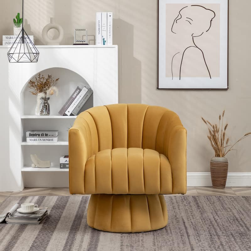 SEYNAR Modern Glam Velvet Upholstered Round Swivel Accent Arm Barrel Chair for Living Room - Mustard