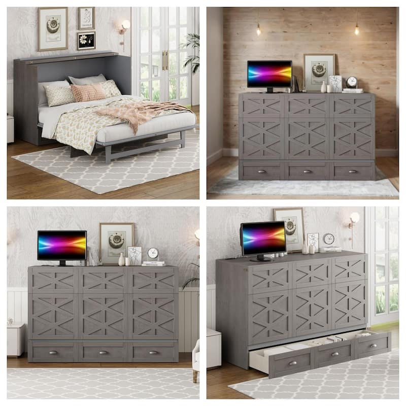 Queen Size Wood Murphy Bed with Drawer,USB Ports ,Three-Prong Outlets