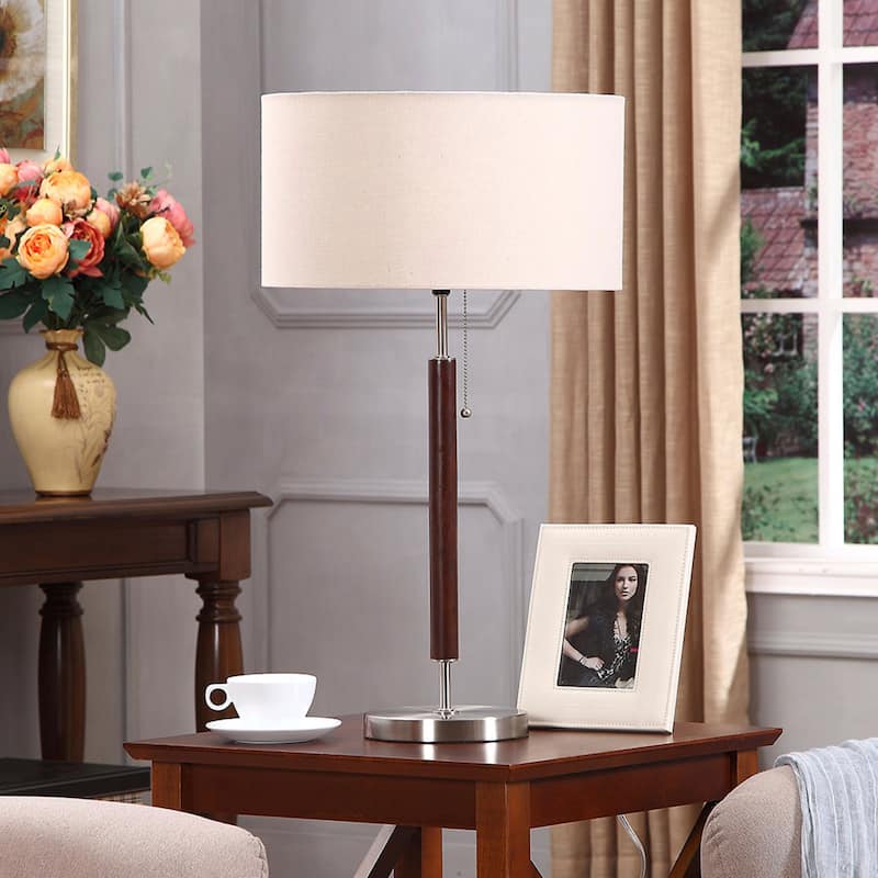 Brightech Carter 26 in. Walnut Brown Mid-Century Modern LED Standard Table Lamp with Beige Fabric Drum Shade (2-Pack)