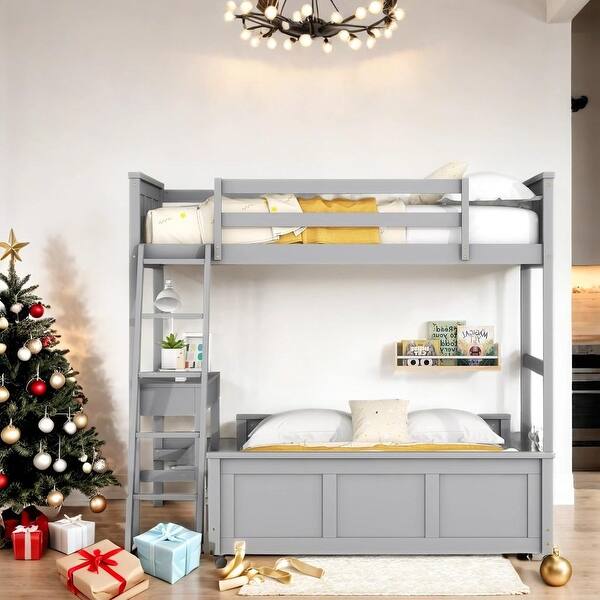 slide 2 of 14, Lovely Twin Over Full Bunk Bed with Desk,Gray Gray