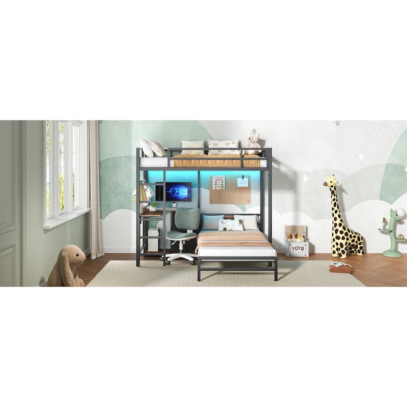 Metal Bunk Bed with Folding Table, 3 Storage Drawers, LED Lights & USB Ports