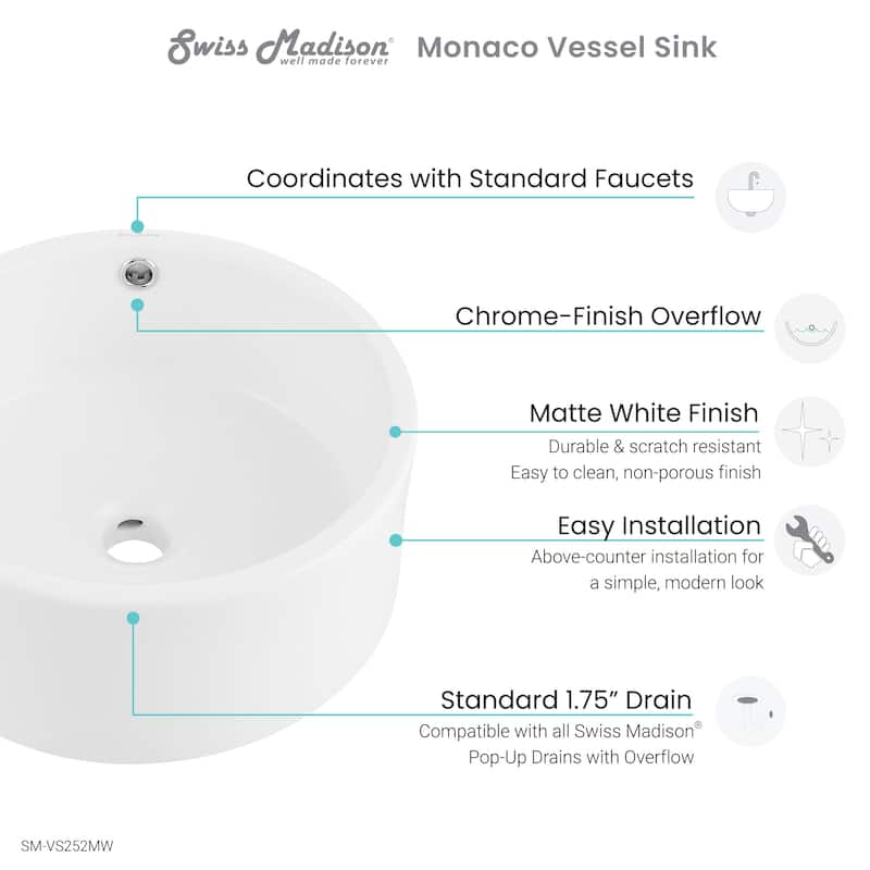 Swiss Madison Monaco® Round Ceramic Bathroom Vessel Sink