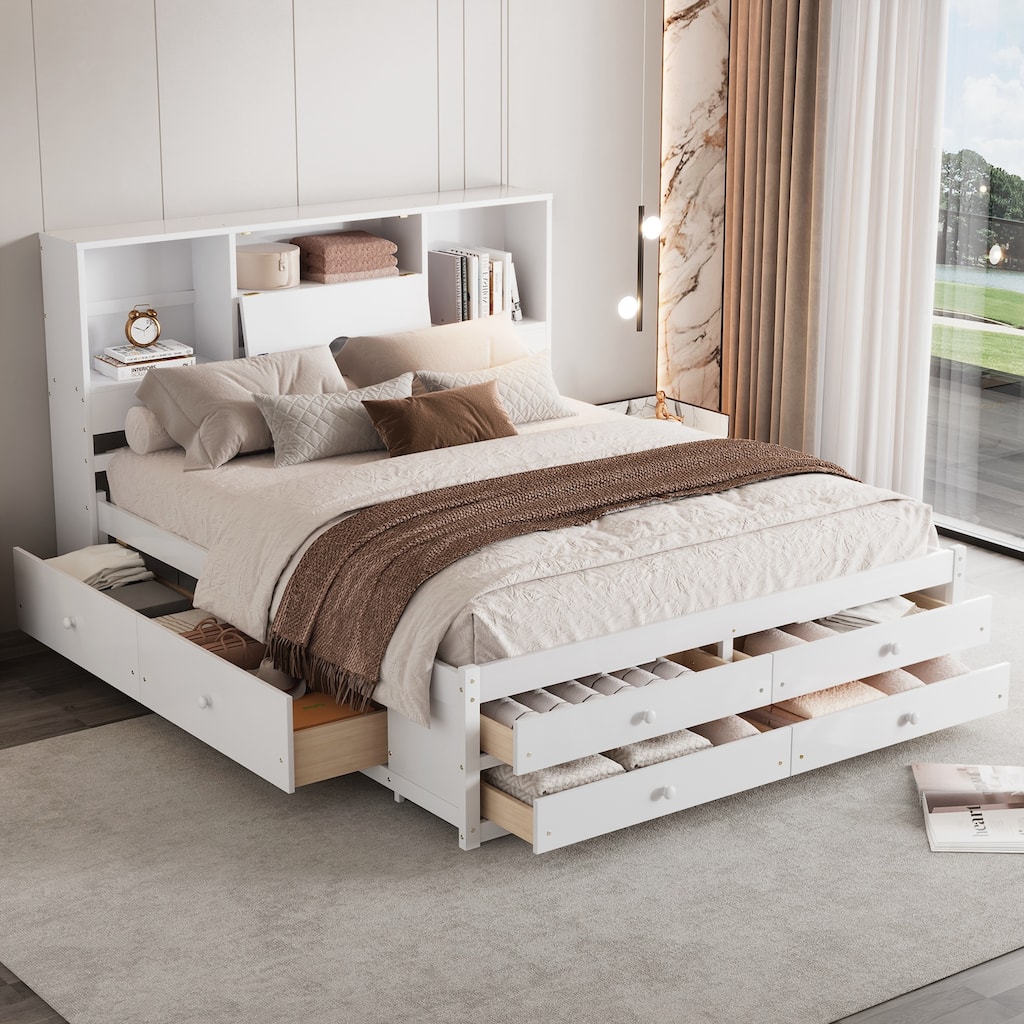 Queen Size Platform Bed with Storage Headboard and 8 Drawers