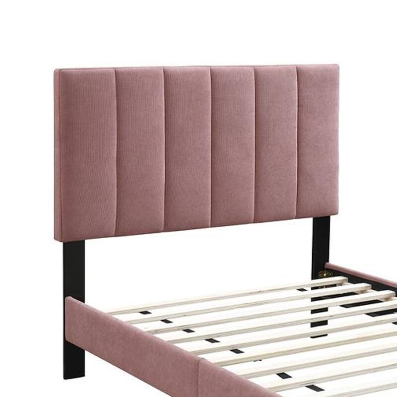 Lilian Full Size Bed, Blush Pink Linen Upholstery, Channel Tufted