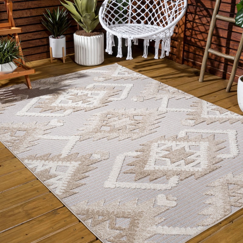 JONATHAN Y Duwun High-Low Pile Neutral Diamond Kilim Indoor/Outdoor Area Rug