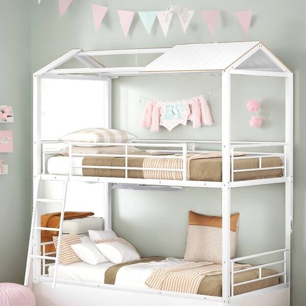 slide 2 of 13, Twin Over Twin Child Safe Design Bunk Bed, House Metal Bunk Bed with Roof and Ladder, White White