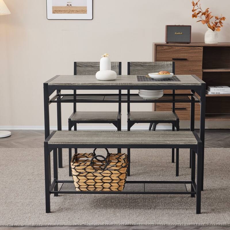 Mid-Century Modern 4 Piece Dining Set,Rectangular Table, Bench, 2 Chairs, Steel Frame