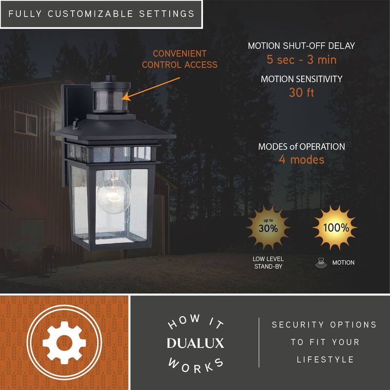 Ridge 6.5-in. W 1 Light Aluminum Black Motion Sensor Dusk to Dawn Outdoor Wall Lantern Clear Glass