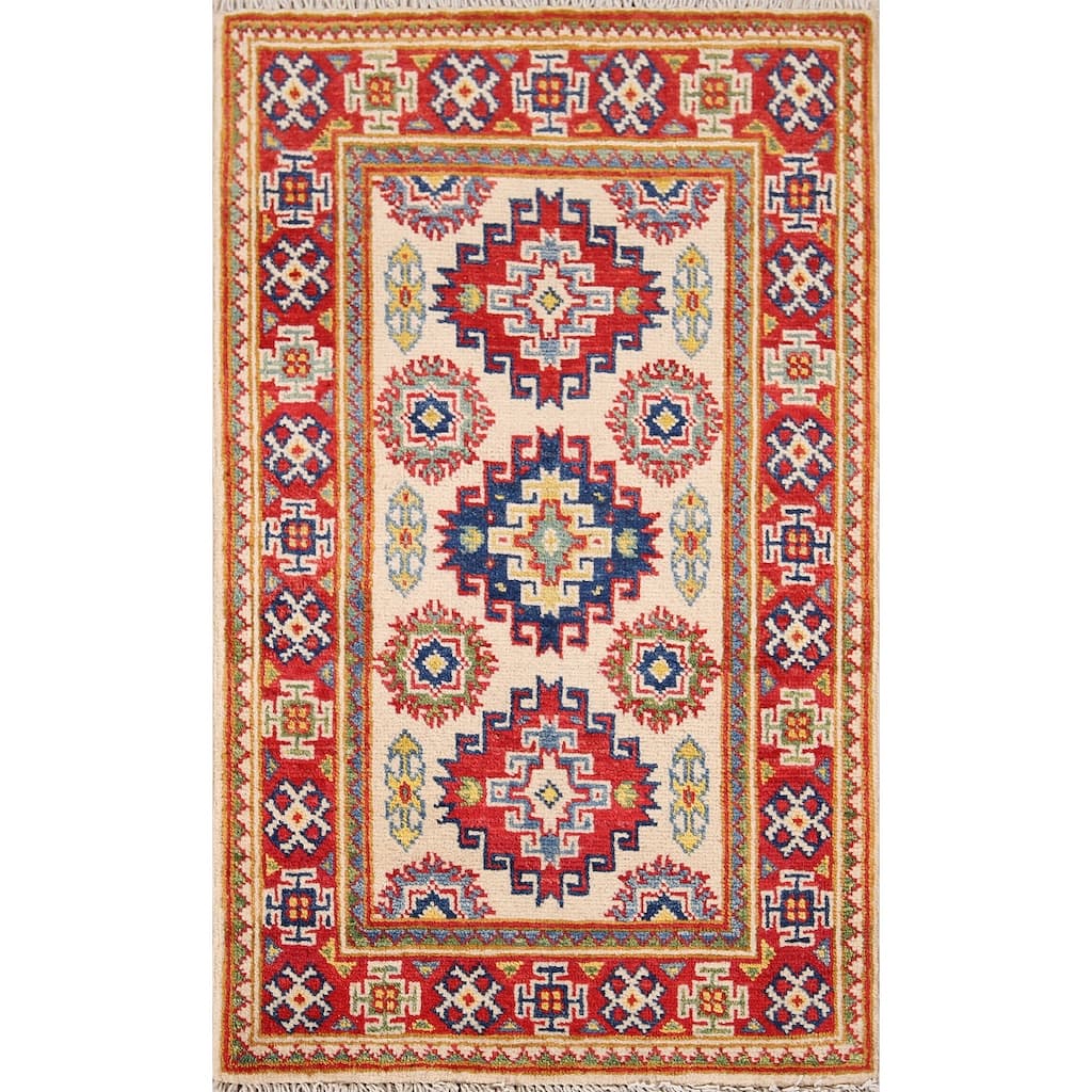Ivory Kazak Oriental Accent Rug Hand-Knotted Wool Carpet - 1'10" x 2'10"