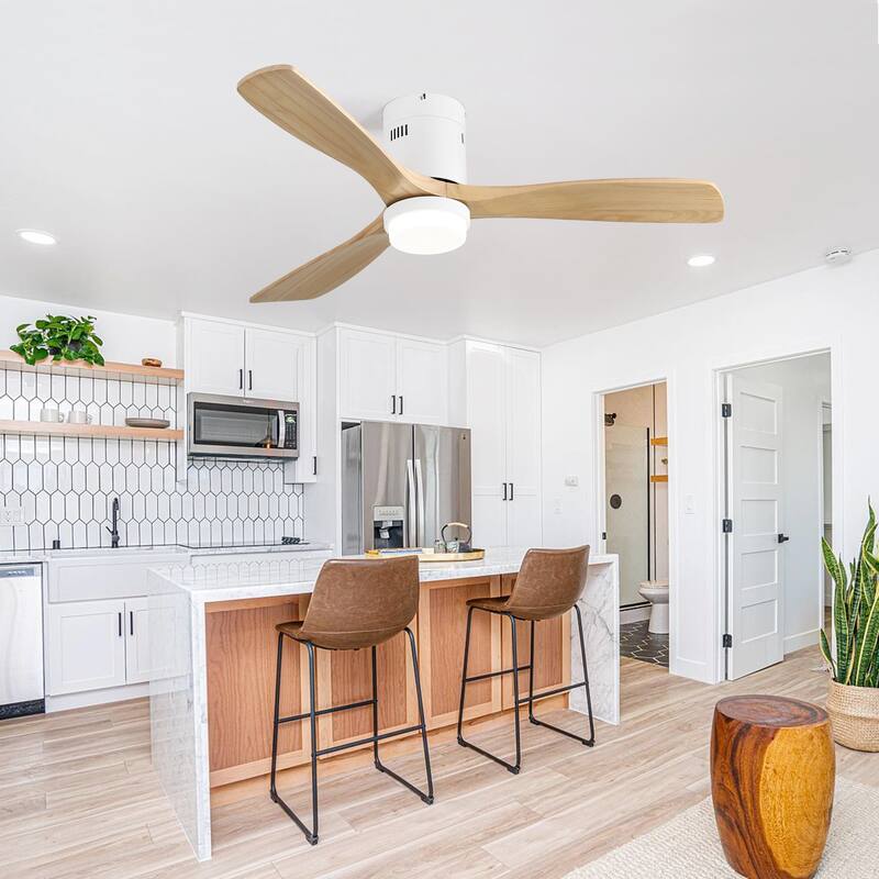 52" Flush Mount Ceiling Fan with Light, Noiseless Reversible Motor Ceiling Fan for Indoor Outdoor, 3 Solid Wood Fan Blades