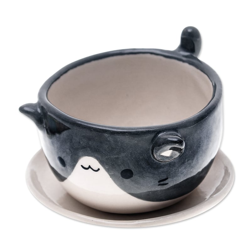 Novica Handmade Kitty Spell Ceramic Mini Flower Pot