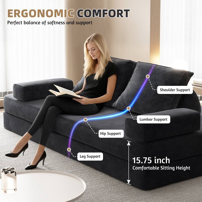 86.6" Convertible Loveseat Sofa Bed with Removable Backrests, Chenille Fabric Sleeper Sofa, Chaise Lounge, Floor Folding Couch