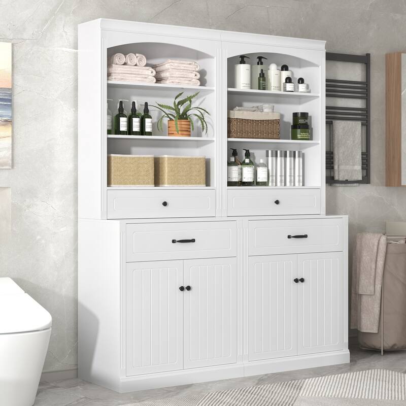 78" Tall Cabinet with Doors and Drawers, Freestanding Storage Bookshelf Bookcase Pantry Space Saver - white 2 set