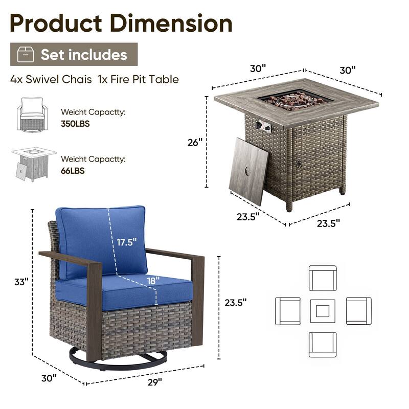 Pocassy 5-Piece Outdoor Swivel Chair with Fire Pit Table Set