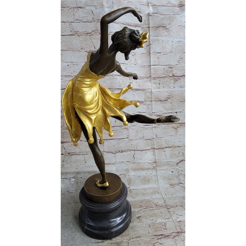 Art Deco Female Dancer Girl With Bow In Hair Gold Patina Bronze Statue Sculpture On Marble Base