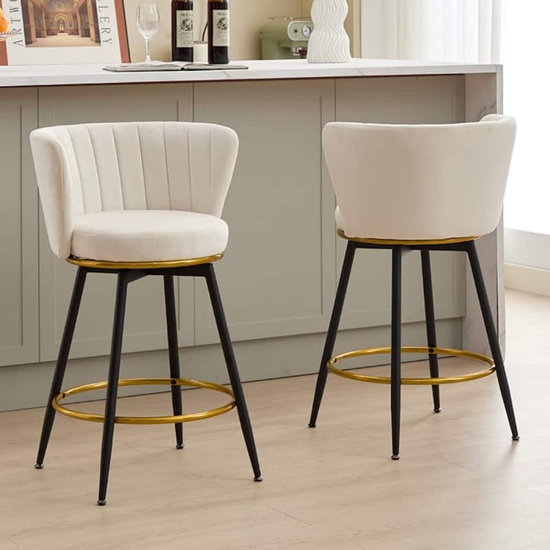 360° Swivel Upholstered Barstools with Backs and Metal Legs( Set of 2) - Beige