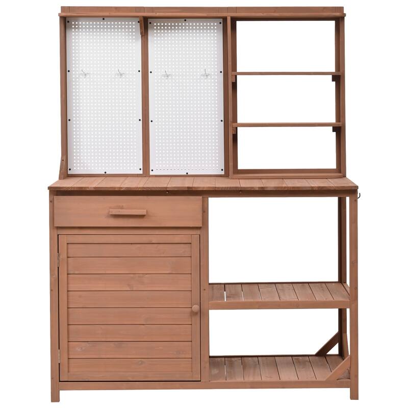 Fir Wood Potting Bench with Hutch, Garden Workstation for Planting, 4 Shelves & Adjustable Storage, Pegboard with Hooks