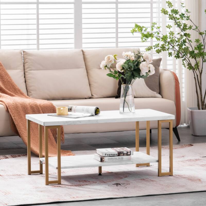 White and Gold Rounded Coffee Table with Faux Marble Top and Metal Legs Perfect for Living Room - 39.73 x 20.08 x 18.11