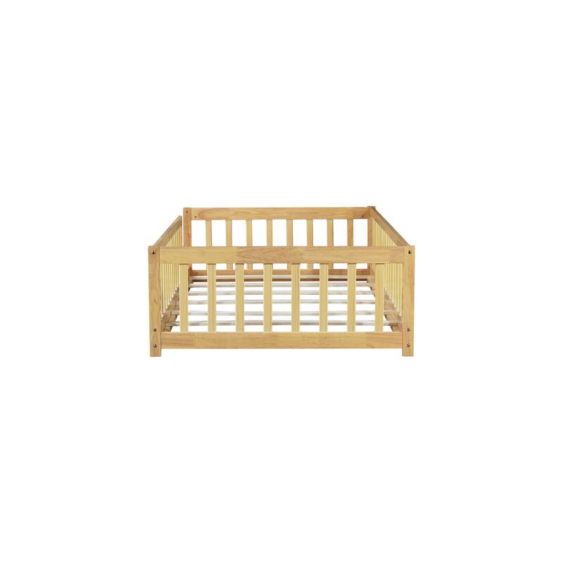 Twin Size Natural Rubber Wood Floor Bed with Safety Fence, Eco-Friendly and Easy Assembly