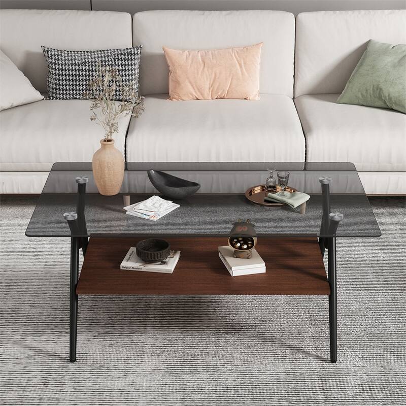 Modern Rectangle Coffee Table with Tempered Glass top and Metal Legs - Brown
