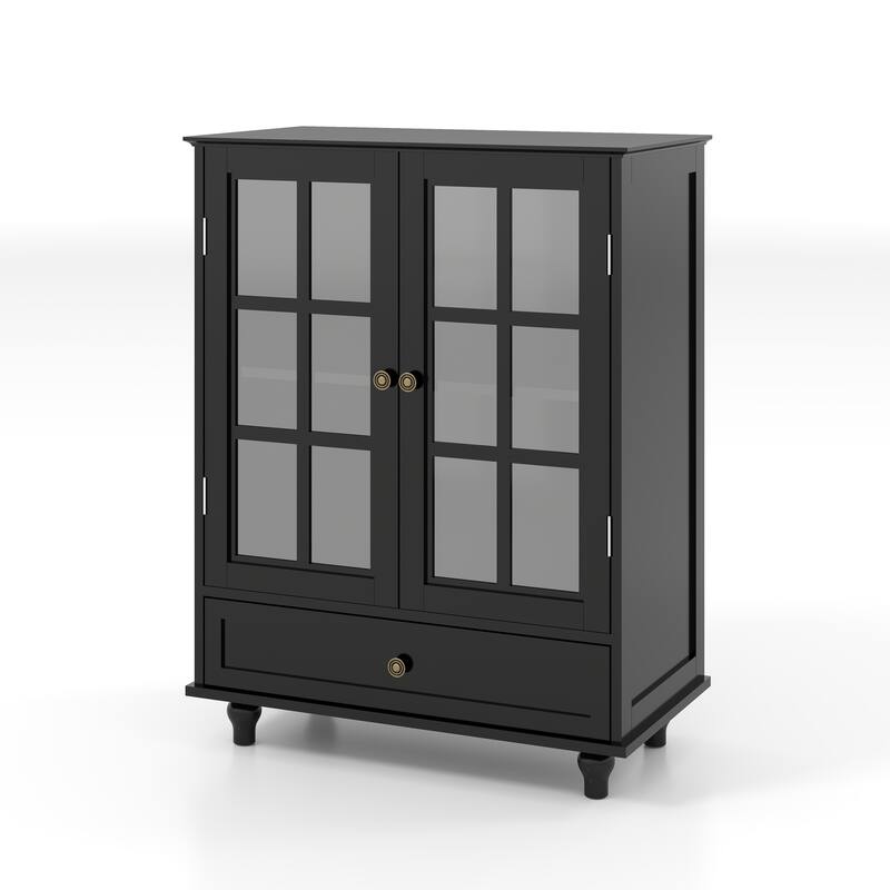 Black Sideboard Buffet Cabinet with Glass Doors and Storage Adjustable Shelf for Kitchen or Living Room - 28”L x 15”W x 36.22”H