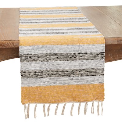 Farmhouse Woven Striped Table Runner with Fringe Detail